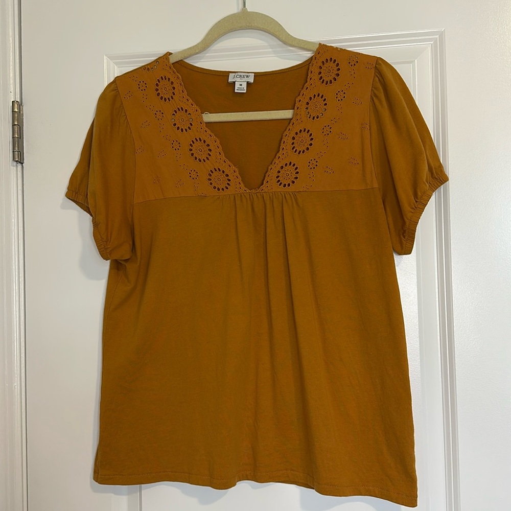 J. Crew factory top gold yellow eyelet puff sleeve blouse women’s size medium